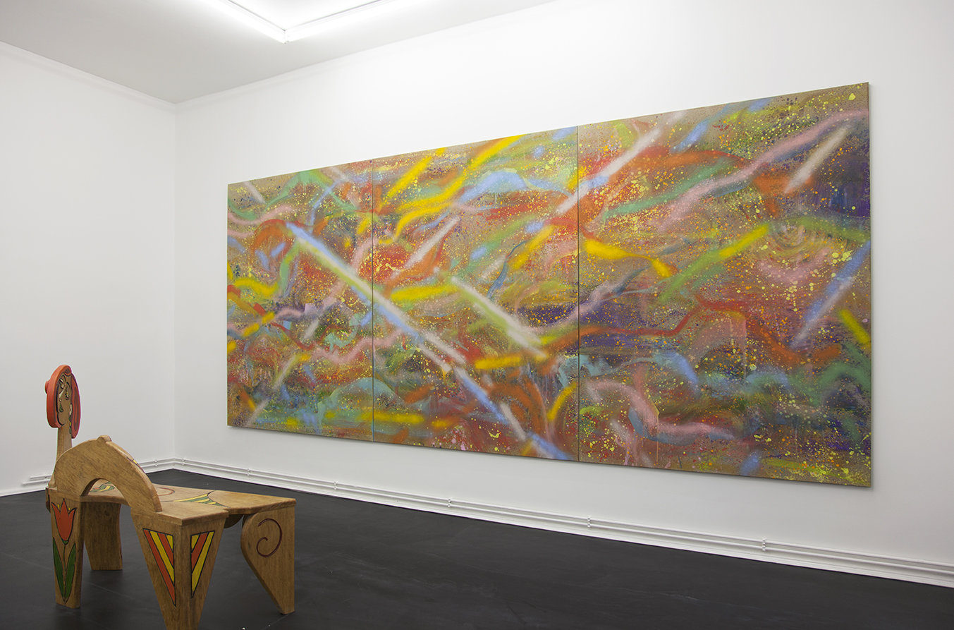 Tyra Tingleff. You are experienced, but still pissing towards the moon..., Oil on raw linen, 200 x 450 cm, Installation view at ChertLüdde, Berlin, 2016