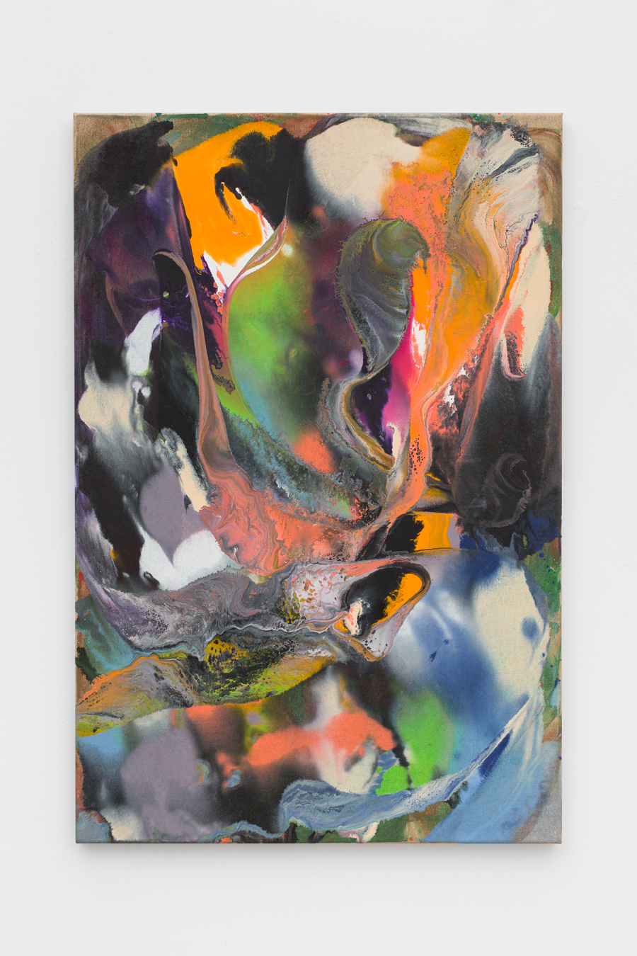 Tyra Tingleff. French-kiss in chaos, Oil on raw linen, 90 x 60 cm, 2020