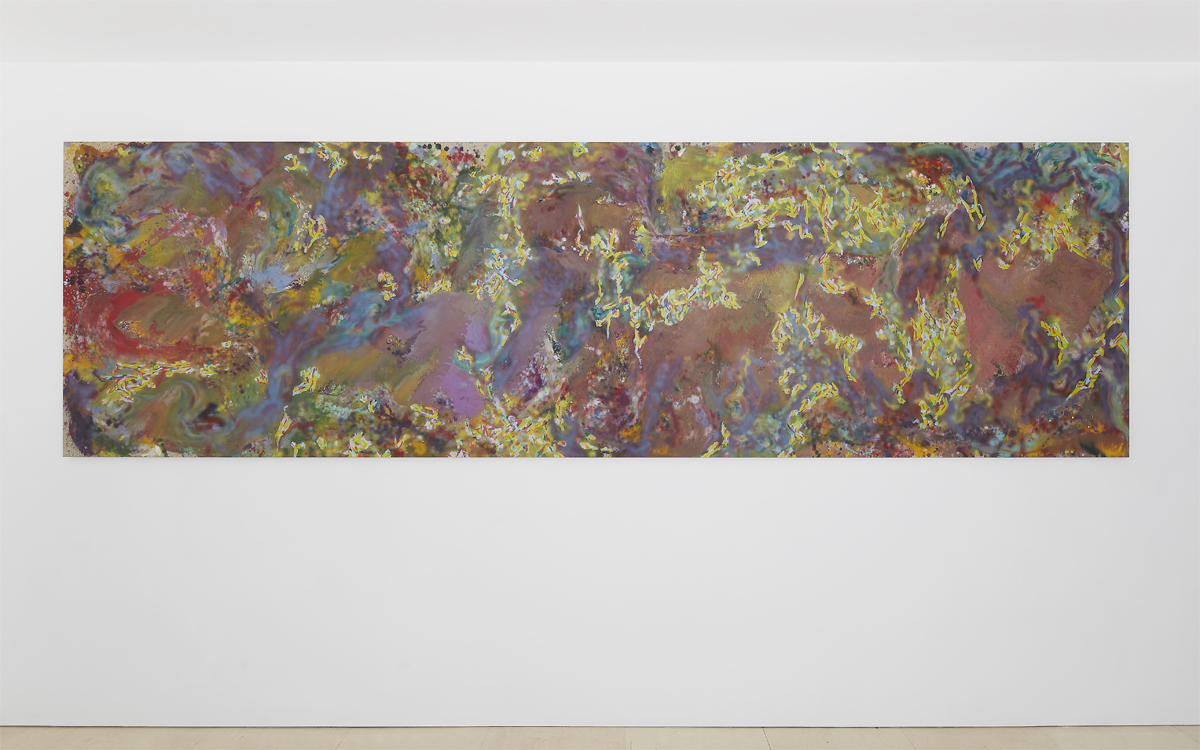 Tyra Tingleff. As predictable as tides, As trainable as pets, Oil on raw linen, 136 x 460cm, 2018