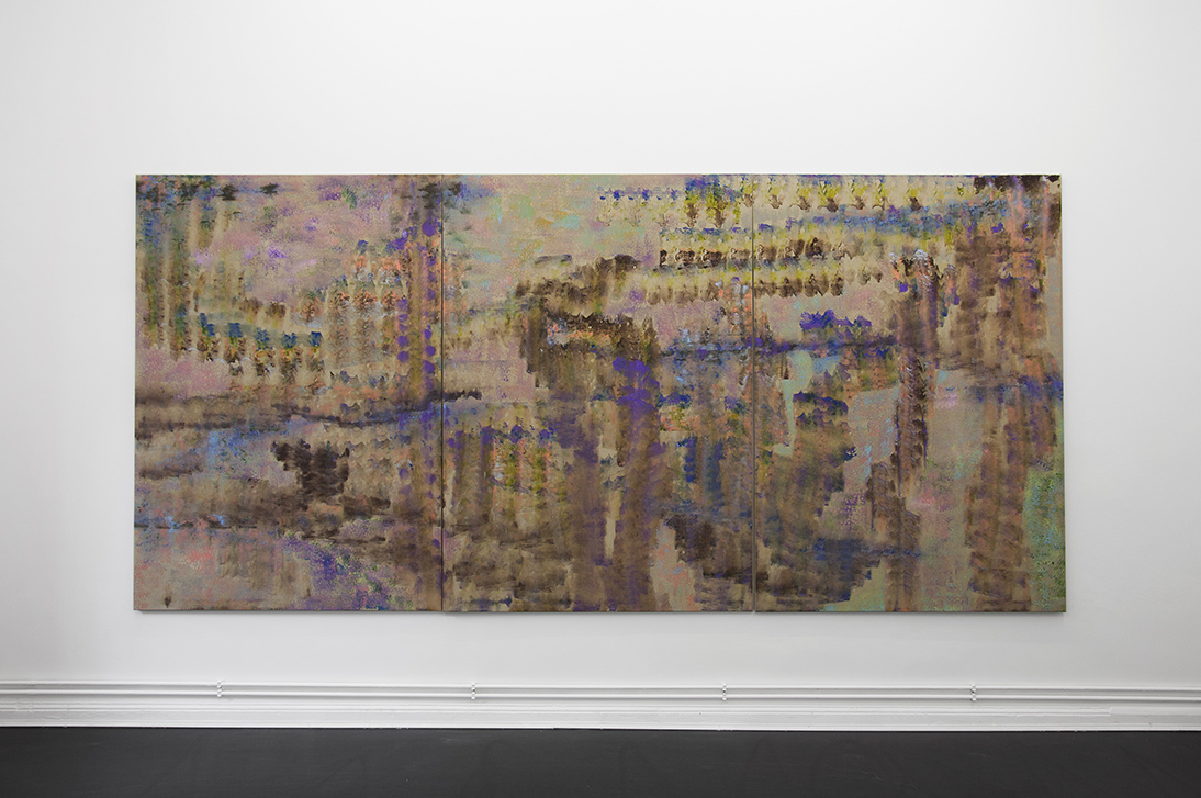 Tyra Tingleff. Beloved are they who sit down, Oil on raw linen, 170 x 360 cm, Installation view at ChertLüdde Gallery, Berlin, 2016