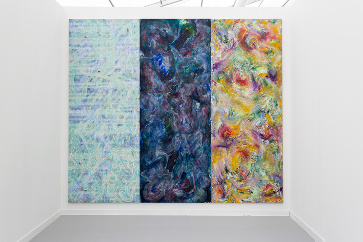 Tyra Tingleff. (From right to left), Victorian promenade of self-sabotage, You were once blue, Glamour requires this space, Oil on raw linen, 320 x 120 cm (each), Installation view at Frieze New York with The Sunday Painter, London, 2018